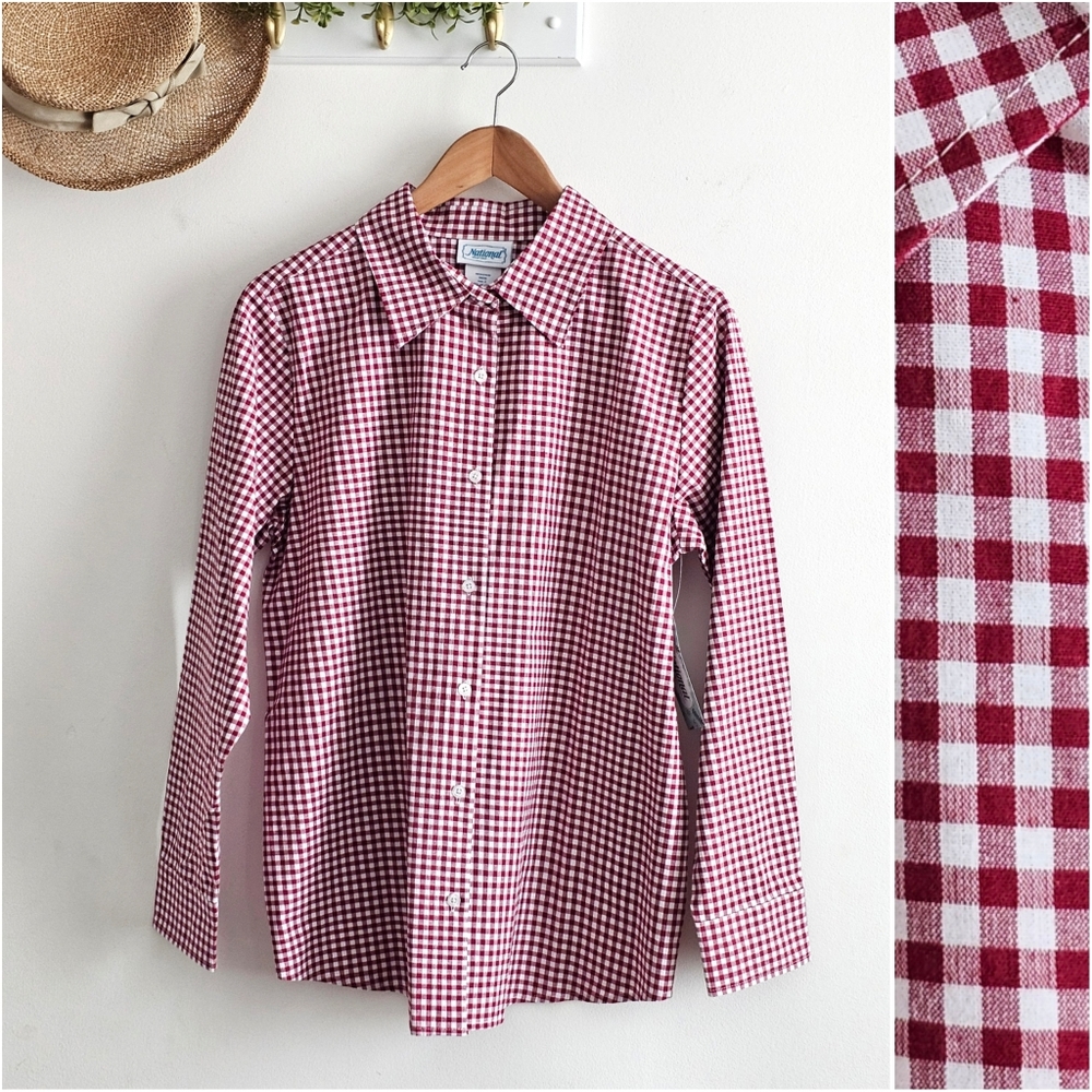 NWT National Since 1952 Gingham Button Down Shirt Red White Check Cotton Size L
